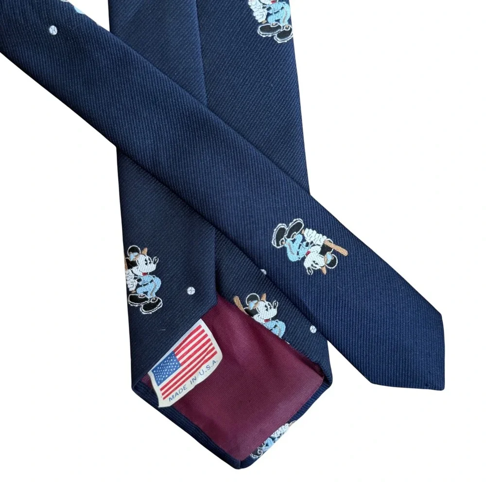 Disney Mickey Mouse Baseball Necktie Mens Navy Blue Embroidered Made in USA VTG